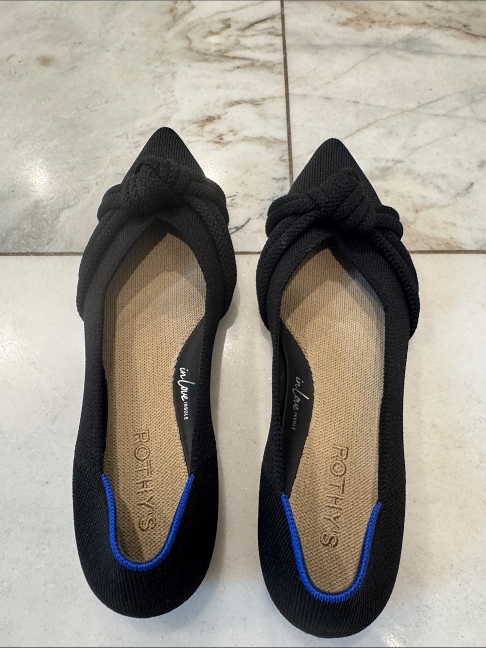 Rothy's Black Pointed Knot Ballet Flats with Blue Accent
